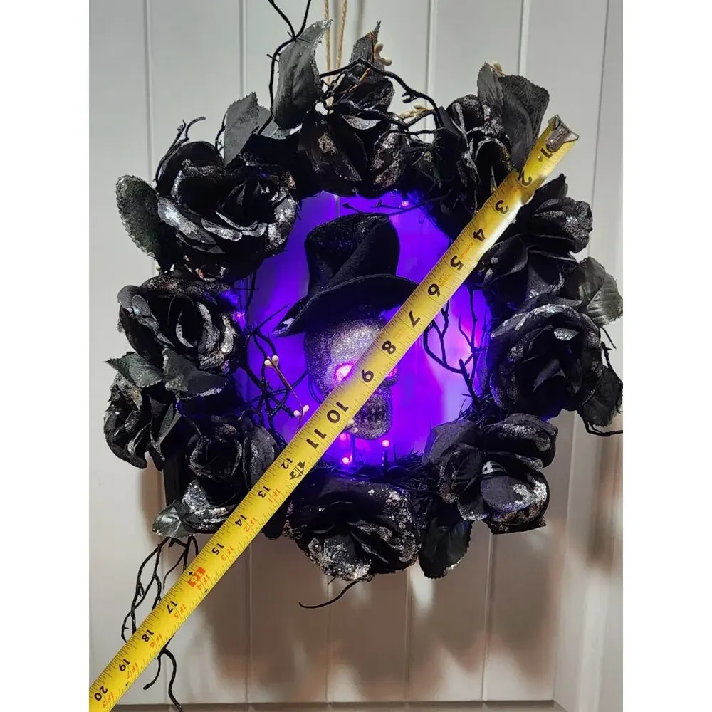 Halloween Purple LED Black Grapevine Wreath Silver Skull Flowers Branches 16